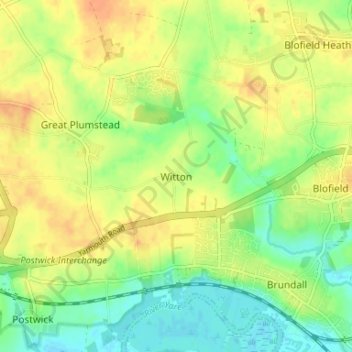 Mappa topografica Witton, altitudine, rilievo