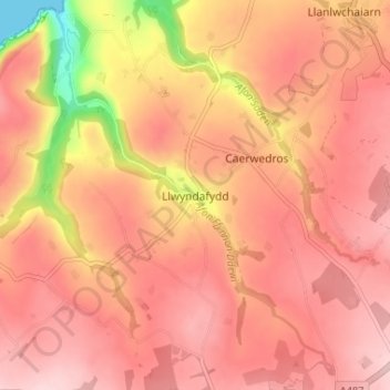 Mappa topografica Llwyndafydd, altitudine, rilievo