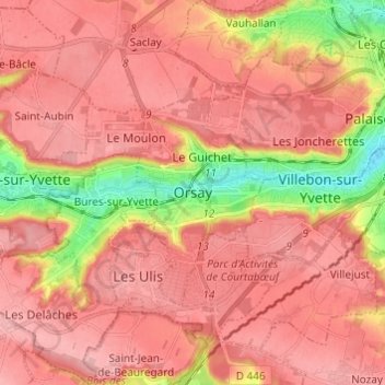 Mappa topografica Orsay, altitudine, rilievo