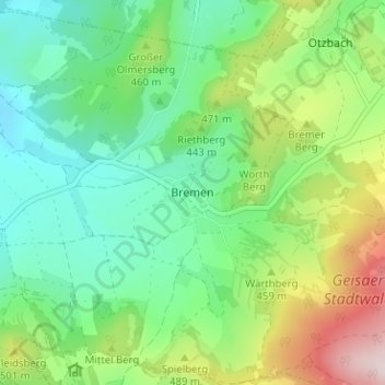 Mappa topografica Bremen, altitudine, rilievo