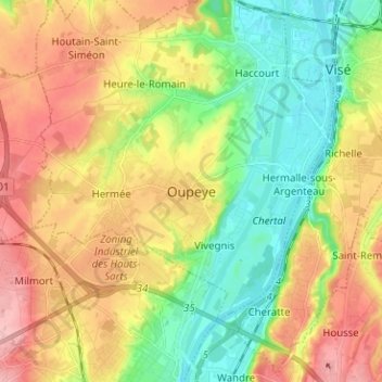 Mappa topografica Oupeye, altitudine, rilievo