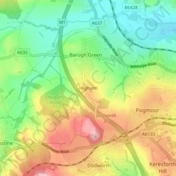 Mappa topografica Higham, altitudine, rilievo