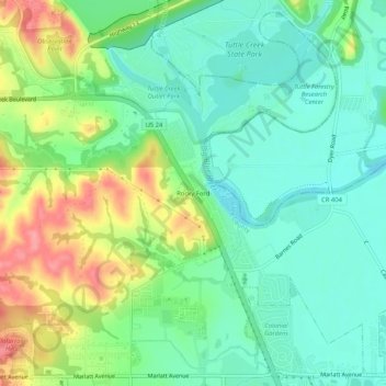 Mappa topografica Rocky Ford, altitudine, rilievo