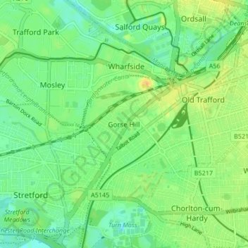 Mappa topografica Gorse Hill, altitudine, rilievo