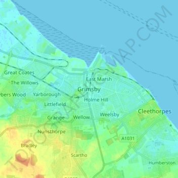 Mappa topografica Grimsby, altitudine, rilievo