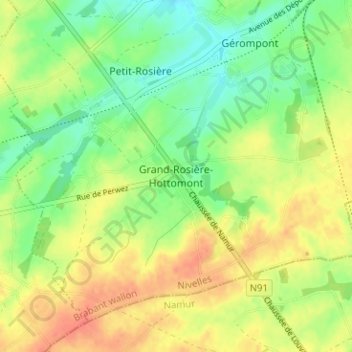 Mappa topografica Grand-Rosière-Hottomont, altitudine, rilievo