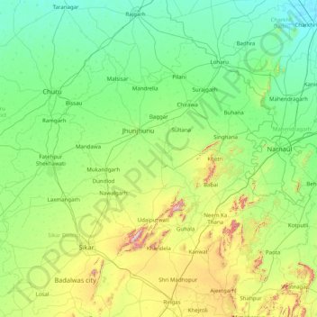 Mappa topografica Jhunjhunūn, altitudine, rilievo