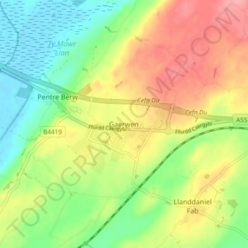 Mappa topografica Gaerwen, altitudine, rilievo