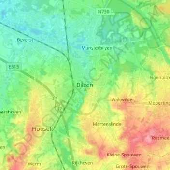 Mappa topografica Bilzen, altitudine, rilievo
