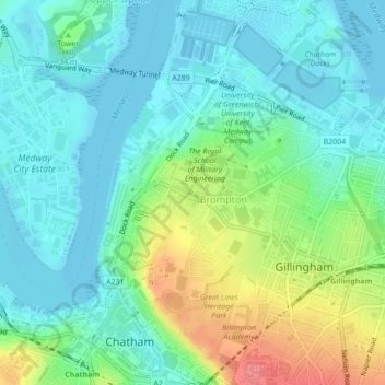 Mappa topografica Brompton Barracks, altitudine, rilievo