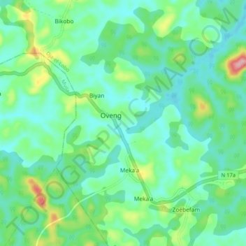 Mappa topografica Oveng, altitudine, rilievo