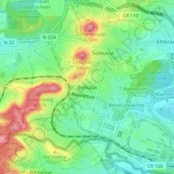 Mappa topografica Belvaux, altitudine, rilievo