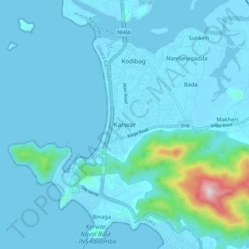Mappa topografica Karwar, altitudine, rilievo