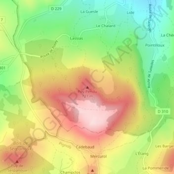 Mappa topografica Puy Pendu, altitudine, rilievo