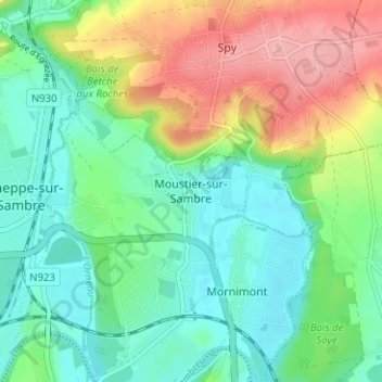 Mappa topografica Moustier-sur-Sambre, altitudine, rilievo