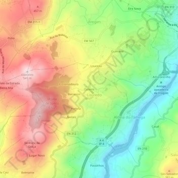 Mappa topografica Outeiro, altitudine, rilievo