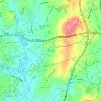 Mappa topografica Nogueira, altitudine, rilievo