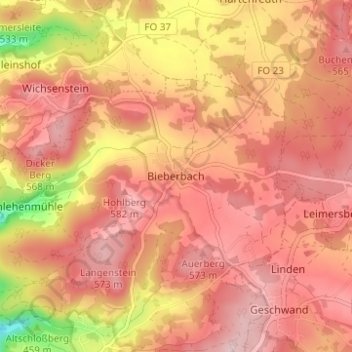 Mappa topografica Bieberbach, altitudine, rilievo