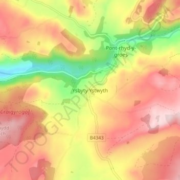 Mappa topografica Ysbyty Ystwyth, altitudine, rilievo