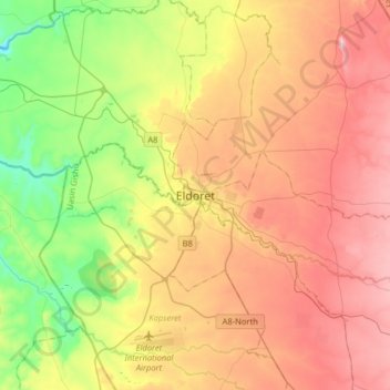 Mappa topografica Eldoret, altitudine, rilievo