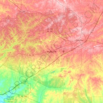 Mappa topografica Auburn, altitudine, rilievo