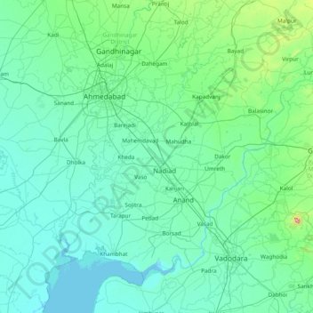 Mappa topografica Kheda, altitudine, rilievo