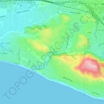 Mappa topografica Hope Ranch, altitudine, rilievo
