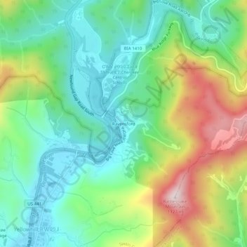 Mappa topografica Ravensford, altitudine, rilievo