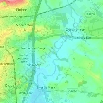Mappa topografica Sowton Village, altitudine, rilievo