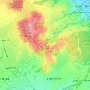 Mappa topografica Boars Hill, altitudine, rilievo