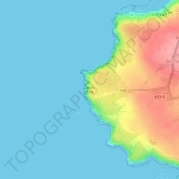 Mappa topografica Land's End, altitudine, rilievo