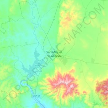 Mappa topografica San Miguel de Allende, altitudine, rilievo