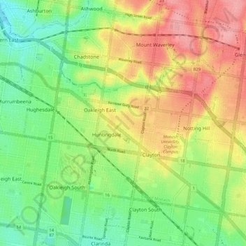 Mappa topografica Oakleigh East, altitudine, rilievo