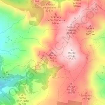 Mappa topografica Monte Entu, altitudine, rilievo