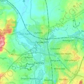 Mappa topografica Tamworth, altitudine, rilievo