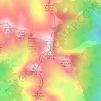Mappa topografica Cimon del Cavallo, altitudine, rilievo