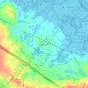 Mappa topografica West Barnstable, altitudine, rilievo