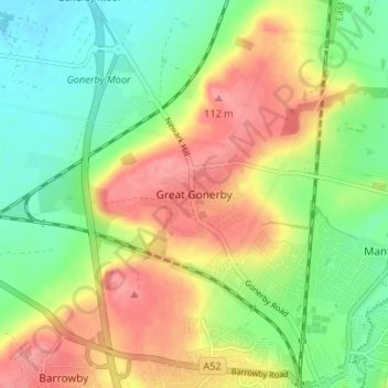 Mappa topografica Great Gonerby, altitudine, rilievo
