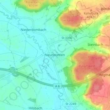 Mappa topografica Neunstetten, altitudine, rilievo