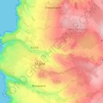 Mappa topografica Tregeseal, altitudine, rilievo