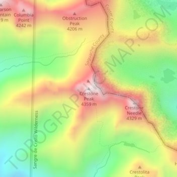 Mappa topografica Crestone Peak, altitudine, rilievo