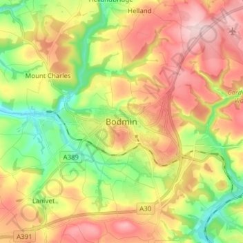 Mappa topografica Bodmin, altitudine, rilievo