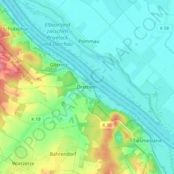 Mappa topografica Drethem, altitudine, rilievo