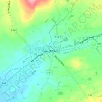 Mappa topografica Broughshane, altitudine, rilievo