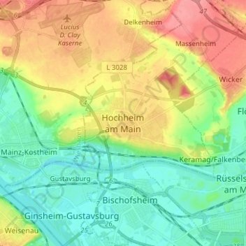 Mappa topografica Hochheim am Main, altitudine, rilievo