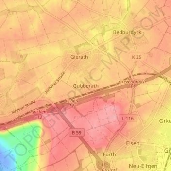 Mappa topografica Gubberath, altitudine, rilievo