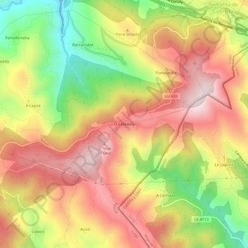 Mappa topografica O Cebreiro, altitudine, rilievo