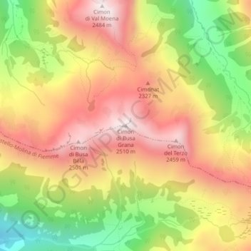 Mappa topografica Cimon di Busa Grana, altitudine, rilievo