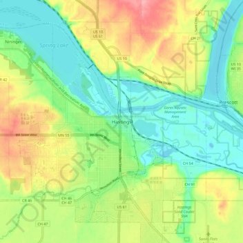 Mappa topografica Hastings, altitudine, rilievo