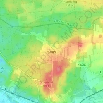 Mappa topografica Kraupa, altitudine, rilievo